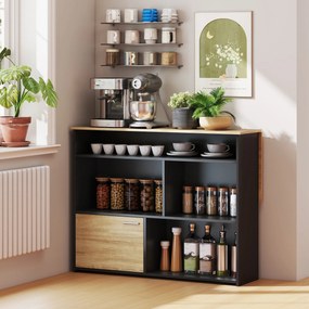 HOMCOM Masă de bar extensibilă cu blat rabatabil, masă înaltă pentru bucătărie, 1 dulap și 4 compartimente deschise, 116x79,6x90,5cm, negru | Aosom Romania