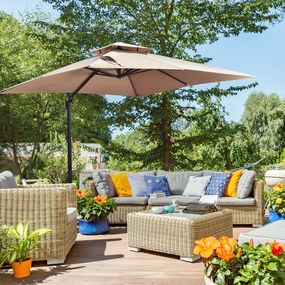 Outsunny Umbrela de Soare pentru Gradina 295x295cm Pivotanta la 360° cu Manivela, Umbrela de Soare cu brat cu Inclinare Reglabila, Kaki si Negru | Aosom Romania