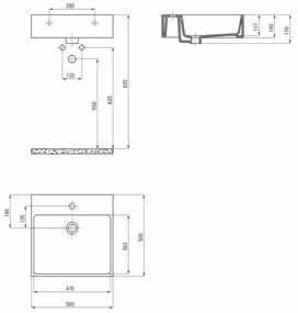 Lavoar pe blat alb lucios 50 cm, patrat, orificiu pentru baterie, Deante Temisto 500x500 mm