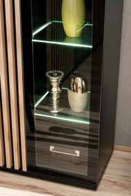 Set mobila living-sufragerie cu riflaj, negru mat  stejar , vitrine sticla , iluminare led , 340 cm lungime, canturi abs 340 cm, stejar artisan negru