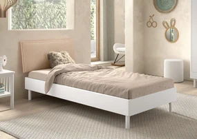 Set Mobilier Camera Copii Forrest Beech, Pat 90x200 cm cu Tăblie Textilă, Noptieră și Birou, din Lemn Masiv de Fag, Alb – Vipack