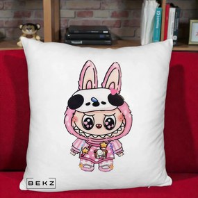 Perna Personalizata Labubu Panda-Bunny Roz, 40x40 cm, Alb Pufos, Husa Detasabila, Perna Inclusa, BEKZ®