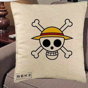 Perna Personalizata One Piece Jolly Roger Straw Hat Pirates, 40x40 cm, Bej, Husa Detasabila, Perna Inclusa, BEKZ®
