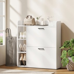 HOMCOM Dulap pentru pantofi slim cu 2 sertare rabatabile și 3 rafturi, Capacitate 15 perechi, 83x24x90.5 cm, Alb | Aosom Romania