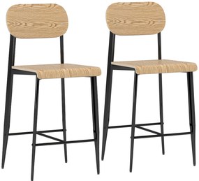 HOMCOM Set de 2 taburete de bar, înalte 65H cm cu spătar, structură din oțel, efect de lemn natural | Aosom Romania