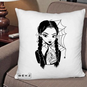 Perna Personalizata Wednesday cu Panza de Paianjen, 40x40 cm, Alb Pufos, Husa Detasabila, Perna Inclusa, BEKZ®