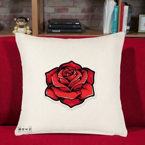 Perna Decorativa Trandafir Rosu Tattoo, 40x40 cm, Crem Reliefat, Husa Detasabila, Perna Inclusa, BEKZ®