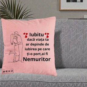 Cadou pentru Iubit - Perna Personalizata Iubitu Nemuritor cu Cuplu Line-Art si Inimi Rosii, 40x40 cm, Roz, Husa Detasabila, Perna Inclusa, BEKZ®