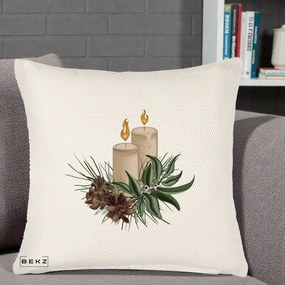 Perna Decorativa Lumanari cu Ilex si Conuri Ilustratie, 40x40 cm, Crem Reliefat, Husa Detasabila, Perna Inclusa, BEKZ®