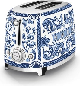Prajitor de paine SMEG Dolce & Gabbana Blu Mediterraneo TSF01DGBEU, 950 W, 2 felii, 6 trepte, Tava pentru firimituri, Cablu integrat, Otel inoxidabil, Albastru