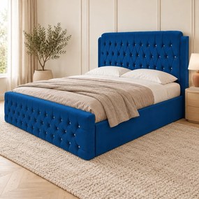 Pat tapițat Chesterfield din catifea Aveline Deluxe 180×200 cm, albastru, cu ladă de depozitare