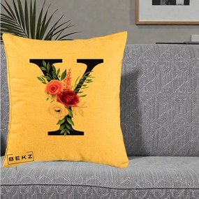 Cadou Personalizat - Perna Personalizata Monograma Florala Litera Y cu Buchet, 40x40 cm, Galben, Husa Detasabila, Perna Inclusa, BEKZ®
