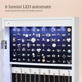 Dulap pentru bijuterii montat pe perete cu oglindă JEWELIA, cu iluminare LED, 10x37x120 cm, alb SongmicsHome