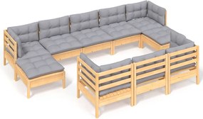 vidaXL Set mobilier grădină cu perne, 10 piese, gri, lemn masiv pin