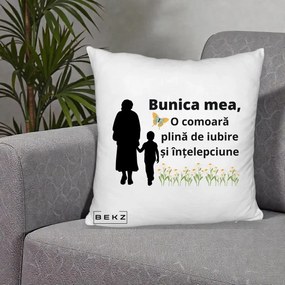 Cadou pentru Bunica - Perna Personalizata Bunica Mea Comoara cu Fluture si Baietel, 40x40 cm, Alb Pufos, Husa Detasabila, Perna Inclusa, BEKZ®