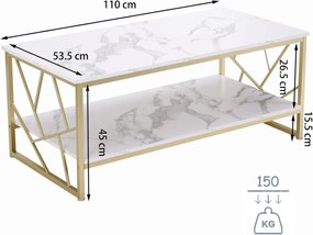 MCAU202 - Masuta de cafea, 110x53 cm, picioare metalice, Alb imitatie Marmura - Auriu