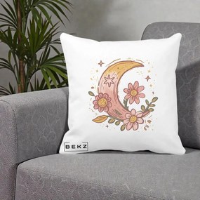 Perna Decorativa Luna Florala Boho, 40x40 cm, Alba Mata, Husa Detasabila, Perna Inclusa, BEKZ®