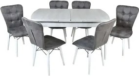 Set masa extensibila cu 6 scaune tapitate Homs cristal  bej-gri-picior-alb-170 x 80 cm