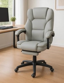 Scaun directorial, Masaj si Incalzire in 7 puncte, spatar rabatabil, suport pentru picioare, material textil premium, Gri