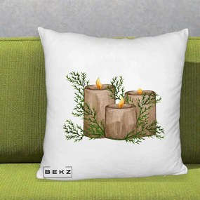 Perna Decorativa Lumanari Rustice cu Crengute Brad, 40x40 cm, Alb Pufos, Husa Detasabila, Perna Inclusa, BEKZ®