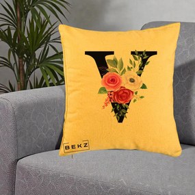 Cadou Personalizat - Perna Personalizata Monograma Florala Litera V cu Buchet, 40x40 cm, Galben, Husa Detasabila, Perna Inclusa, BEKZ®