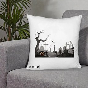 Perna Decorativa Halloween Cimitir Acuarela cu Dovleac, 40x40 cm, Alb Pufos, Husa Detasabila, Perna Inclusa, BEKZ®