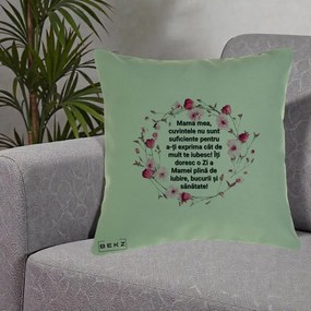 Cadou pentru Mama - Perna Personalizata Mama Mea Mesaj Floral, 40x40 cm, Verde, Husa Detasabila, Perna Inclusa, BEKZ®