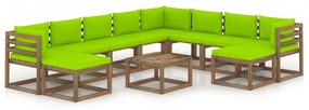 Set mobilier de gradina cu perne verde aprins, 11 piese verde aprins, 3x colt + 5x mijloc + 2x suport pentru picioare + masa, 1