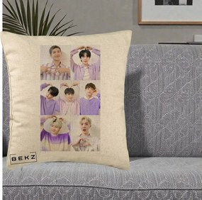 Perna Personalizata K-pop BTS Colaj 7 Portrete cu Inimi Lila, 40x40 cm, Bej, Husa Detasabila, Perna Inclusa, BEKZ®