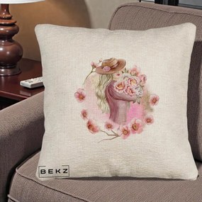 Perna Decorativa Femeie cu Flori Roz Acuarela, 40x40 cm, Bej Canapea, Husa Detasabila, Perna Inclusa, BEKZ®