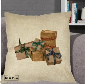 Perna Decorativa Cadouri de Craciun Kraft, 40x40 cm, Crem, Husa Detasabila, Perna Inclusa, BEKZ®