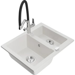 Mexen Carlos chiuvetă de granit cu 1,5 compartiment și baterie de bucătărie Duo, Albă - 6518-20-671701-07