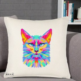 Perna Decorativa Pisica Pop Art Multicolor, 40x40 cm, Crem Reliefat, Husa Detasabila, Perna Inclusa, BEKZ®