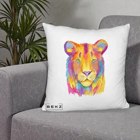 Perna Decorativa Leu Acuarela Curcubeu, 40x40 cm, Alb Pufos, Husa Detasabila, Perna Inclusa, BEKZ®