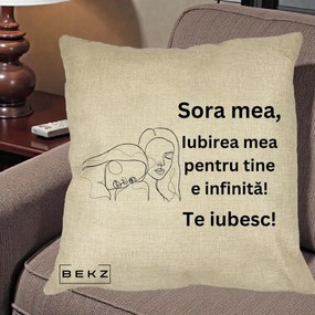 Cadou pentru Sora - Perna Personalizata Sora Mea Te Iubesc Line Art Portrete Fata in Fata, 40x40 cm, Crem, Husa Detasabila, Perna Inclusa, BEKZ®