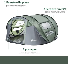 Outsunny Cort de Camping Pop Up pentru 2 Persoane cu 2 Uși, 4 Ferestre și Înveliș Impermeabil, 263.5x220x123 cm, Verde | Aosom Romania