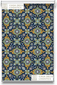 Roletă textilă Royal 5014 albastru cu model ornamental auriu