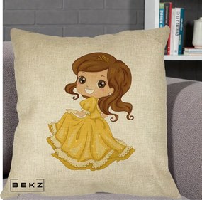 Perna Decorativa Printesa Bella Rochie Aurie, 40x40 cm, Crem, Husa Detasabila, Perna Inclusa, BEKZ®