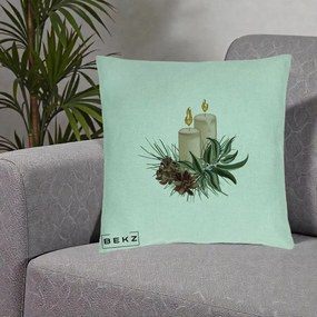 Perna Decorativa Lumanari cu Ilex si Conuri Ilustratie, 40x40 cm, Verde Menta, Husa Detasabila, Perna Inclusa, BEKZ®