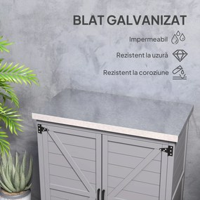 Outsunny - Dulap de Depozitare pentru Exterior, Cutie de Depozitare din Lemn cu Blat Metalic și Rafturi, Banc de Lucru pentru Grădină cu Uși Duble, Gri | Aosom Romania