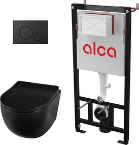 Pachet vas wc suspendat Balneo Luna, capac softclose, rama instalare Alcadrian si clapeta de actionare Alcadrain negru