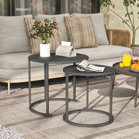 Outsunny Set de 2 măsuțe laterale stivabile masă rotundă de grădină rezistentă la intemperii masă de balcon din oțel economisitoare de spațiu gri închis | Aosom Romania