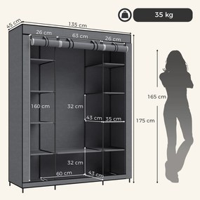 HOMCOM Dulap textil pentru economisirea spațiului, cu bară pentru umerașe și 11 rafturi, 135x45x175 cm, gri, pentru dormitor | Aosom Romania