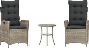 vidaXL Set bistro cu perne, 3 piese, gri deschis, poliratan