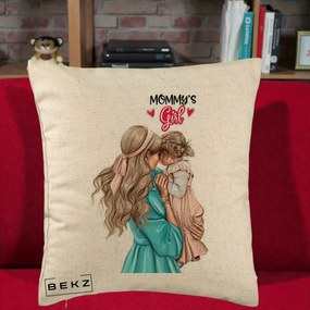 Cadou pentru Mama - Perna Personalizata Mommy's Girl Mama si Fetita, 40x40 cm, Bej, Husa Detasabila, Perna Inclusa, BEKZ®