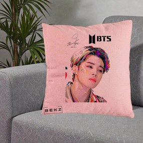 Perna Personalizata K-pop BTS Jimin Portret Artistic Multicolor cu Autograf, 40x40 cm, Roz, Husa Detasabila, Perna Inclusa, BEKZ®