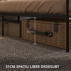 HOMCOM Structura Pat Matrimonial din Otel 160x200cm cu Sipci Integrate, Tetiera si Tablie, Spatiu de Depozitare, Negru | Aosom Romania