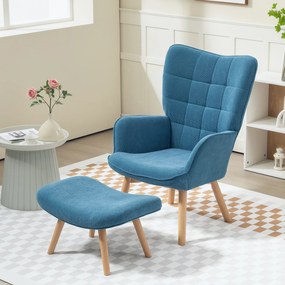 HOMCOM Fotoliu Accent cu Otoman, Fotoliu de Relaxare cu Aspect de Cord, Fotoliu cu Brate de Lemn, pentru Living, Albastru | Aosom Romania