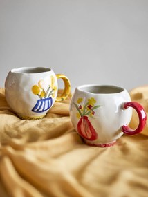 Set 2 căni din ceramică artizanală, pictate manual cu motive florale, natur, 8.5×7.5 cm, „Hiba"