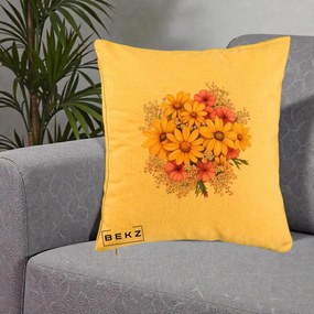 Perna Decorativa Floarea-Soarelui cu Cosmos Roz si Gypsophila, 40x40 cm, Galben, Husa Detasabila, Perna Inclusa, BEKZ®